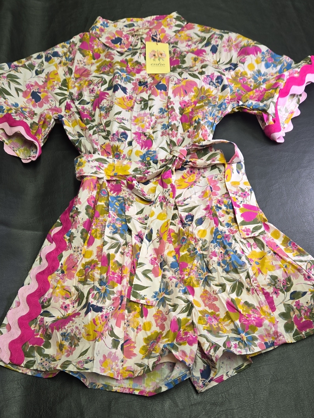 entro Floral Short Sleeve Romper with Tie Belt in Pink, Yellow, Blue